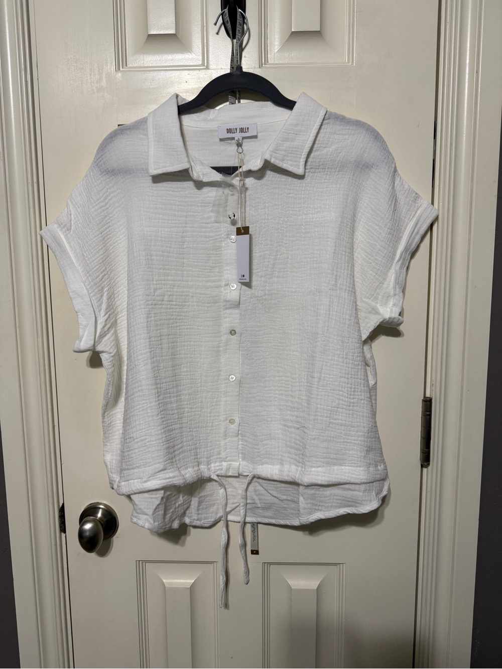 White Gauze Button-Front Collared Cotton Top with Bottom Tie
